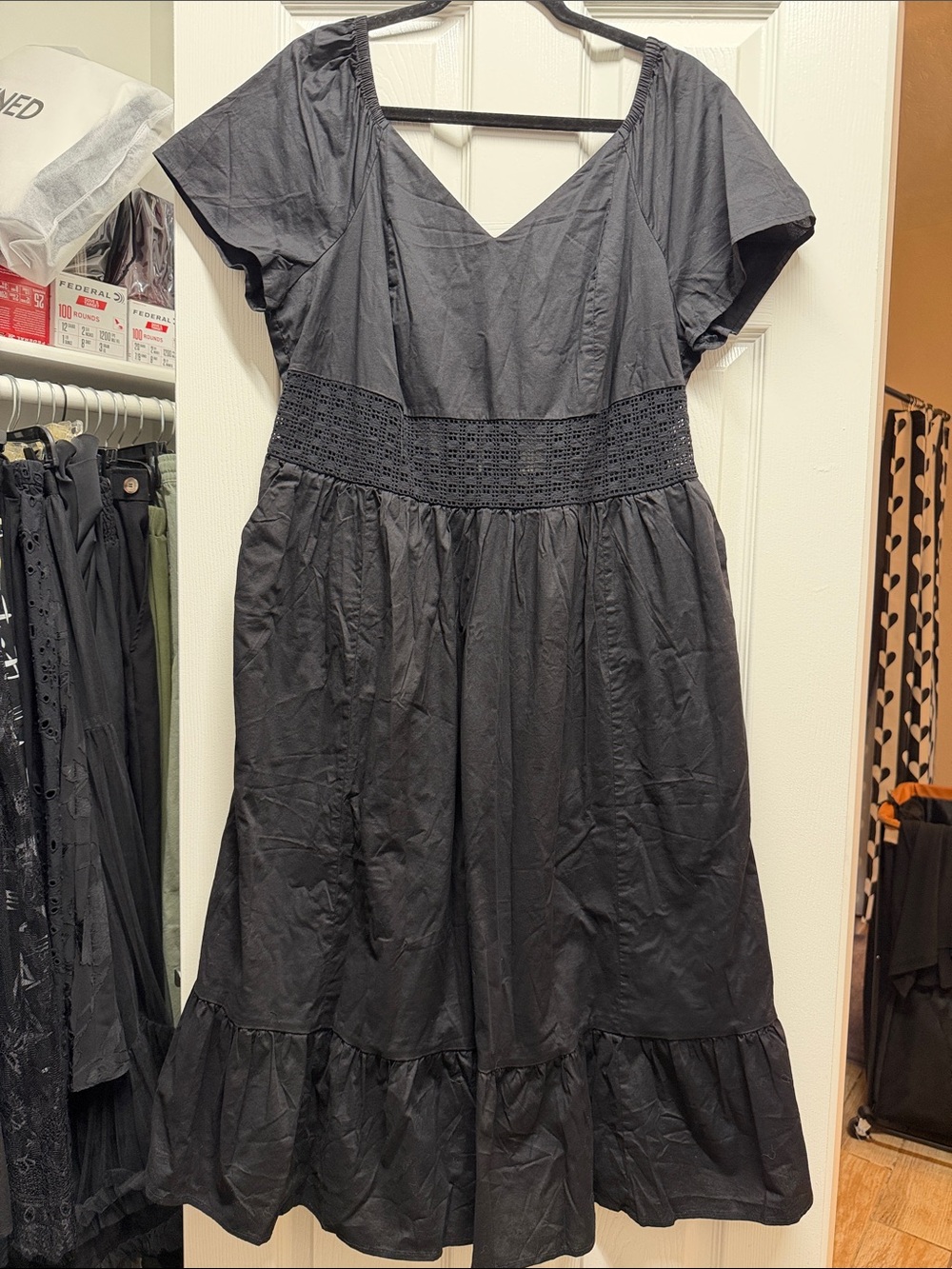 Women’s Black Short-Sleeve Midi Dress with Crochet Waist